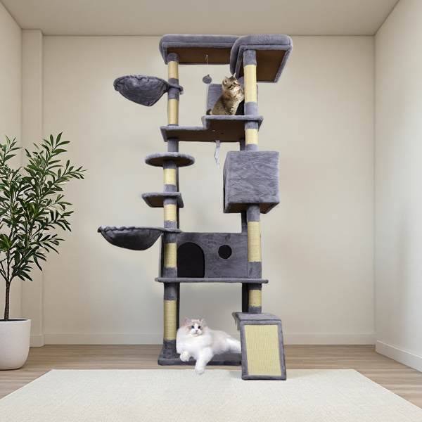 Dark Gray Cat Tree Tower with Large Condos, Sisal Scratching Posts & Interactive Toy