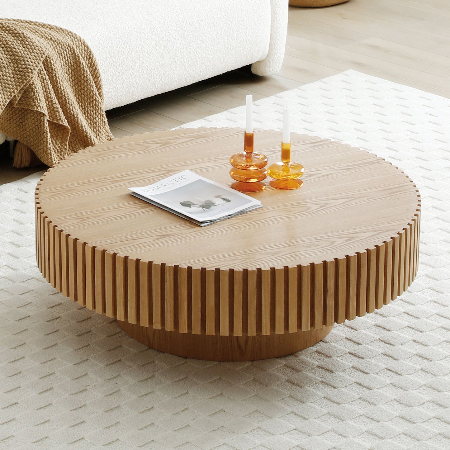31.49" Round Wood Coffee Table - Modern Handcraft Design - Natural Ash