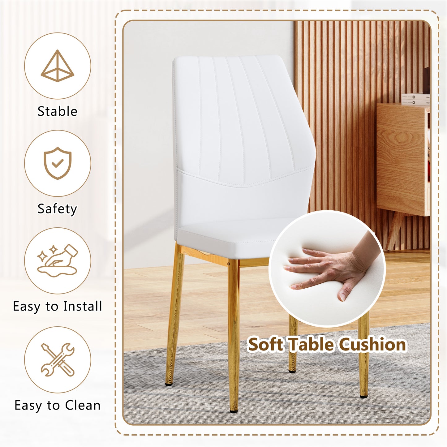 Set Of 6 Gold - And White Dining Chairs, 37 Inches High Ergonomic PU