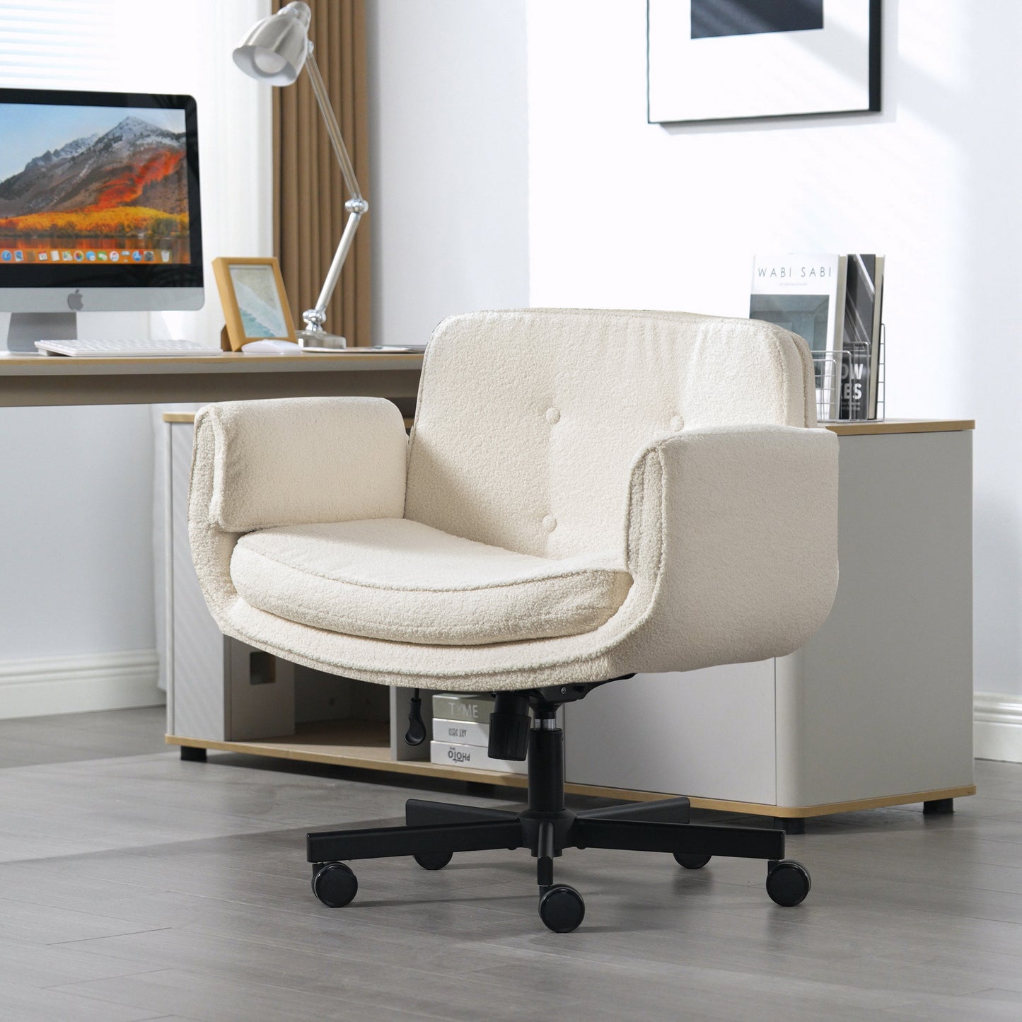 Lounge Desk Chair with Adjustable Armrests & Wheels - Ivory