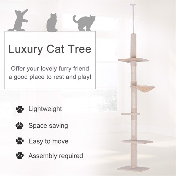 Wooden Cat Tree Tower with Multiple Platforms Adjustable Height Beige