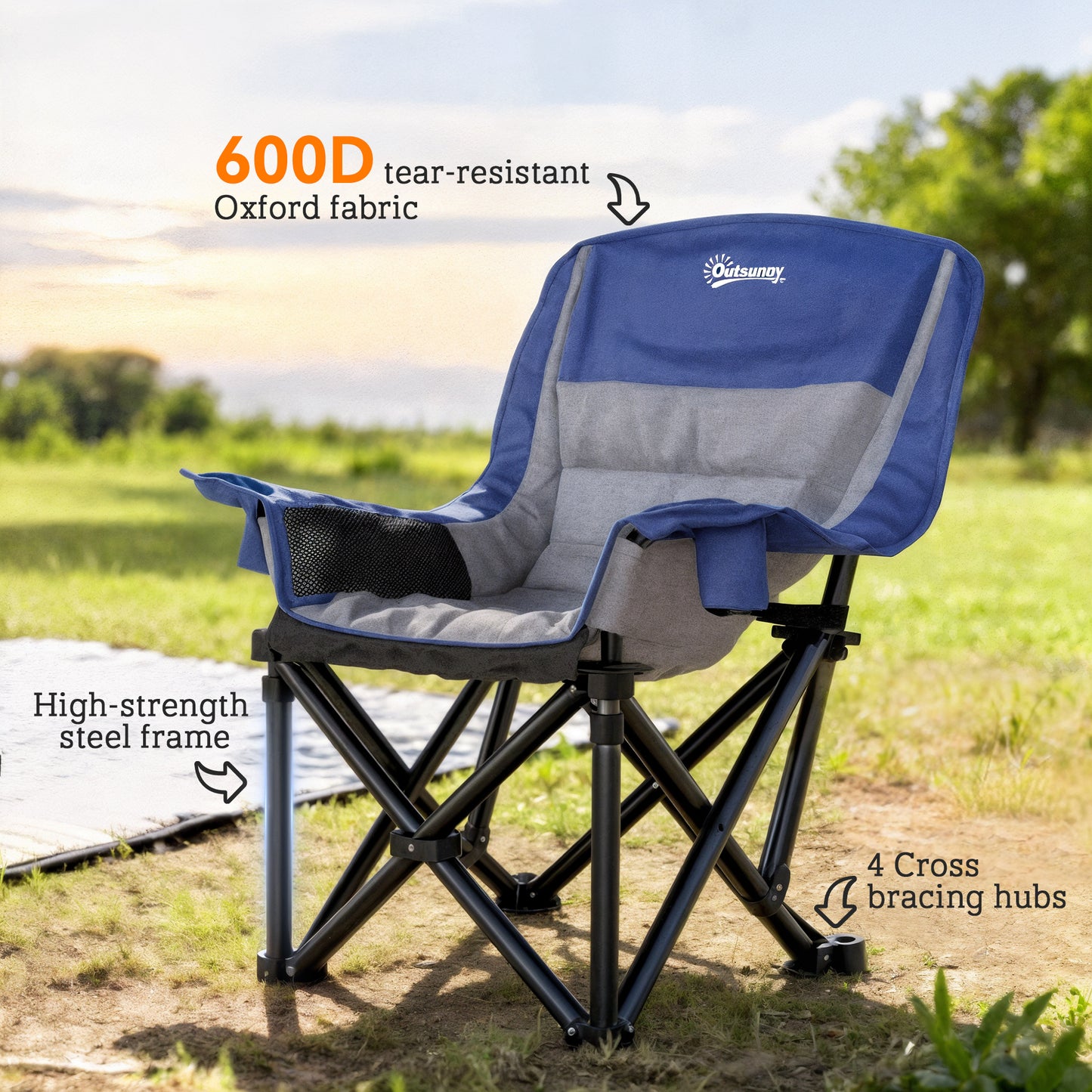 Portable Camping Chair with Cup Holders & Side Pockets - Blue/Gray