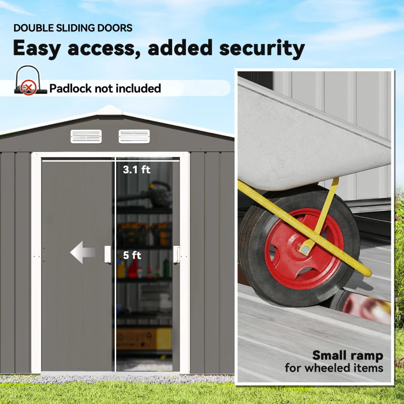Outdoor Garden Tool Storage Shed - Galvanized Steel, Light Gray, 9x6 ft