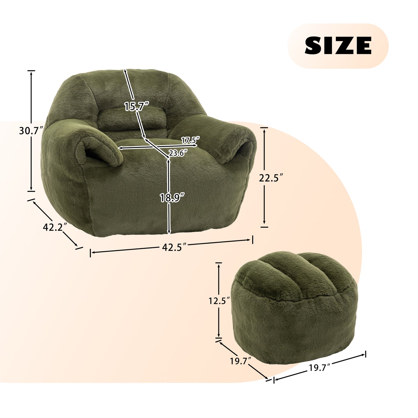 Bean Bag Chair, Comfy Sofa With Back Support, Footstool,Faux Fur