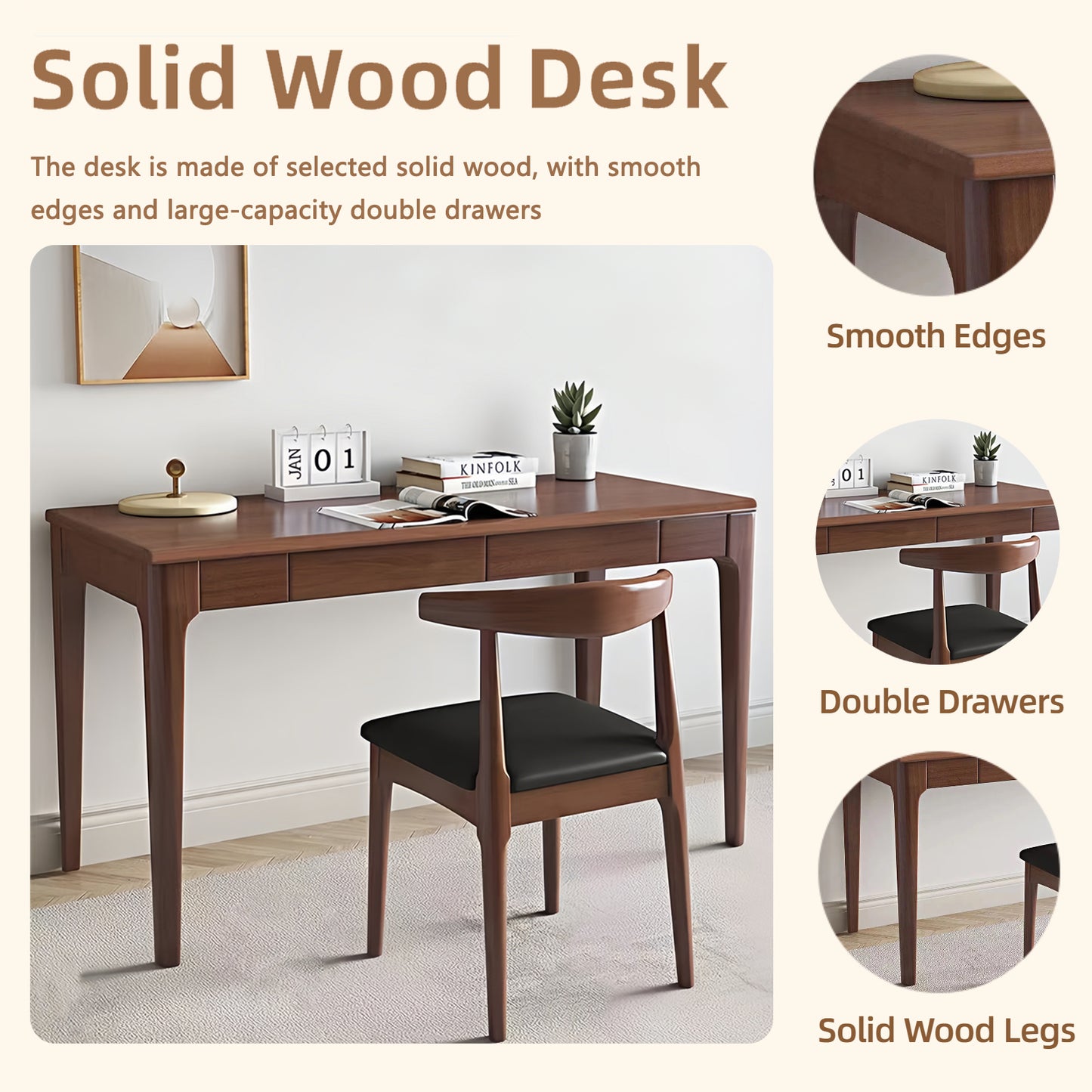 Solid Wood Desk With Drawers, Standing Smooth Edges, Home Office For