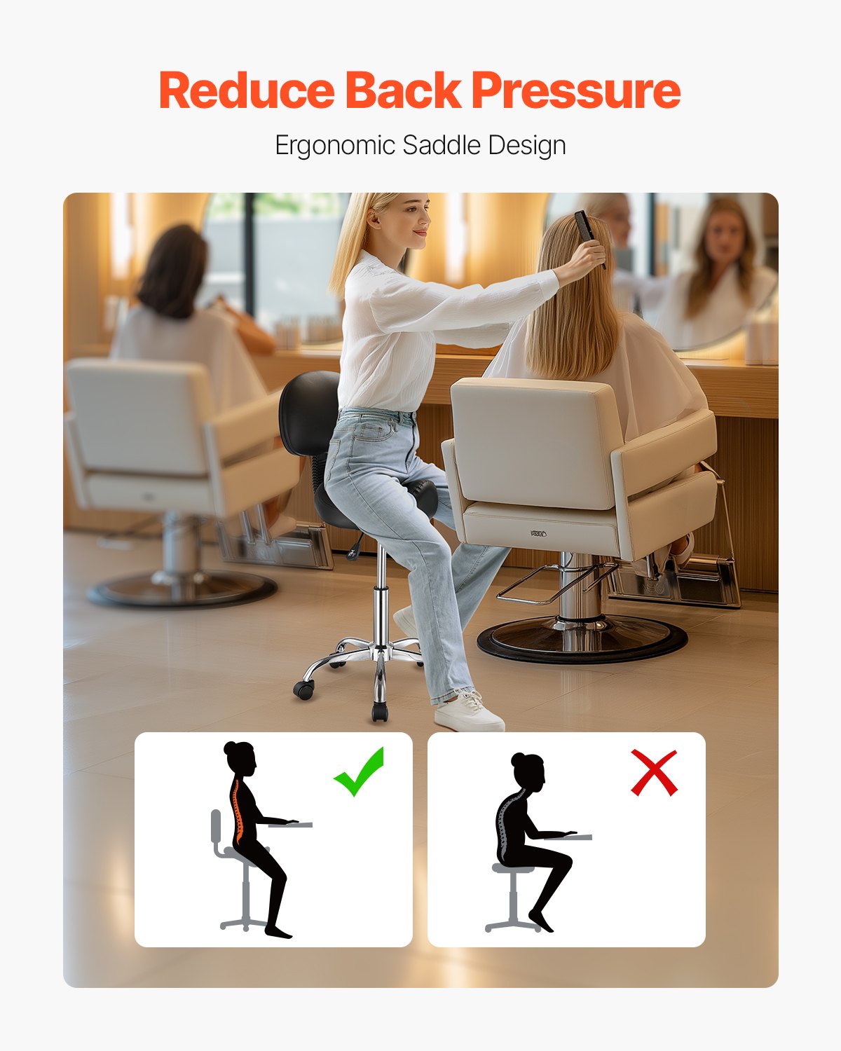Ergonomic Saddle Stool with Back Support - Height Adjustable Rolling Chair, 450 lbs Capacity, Thick PU Leather - Black