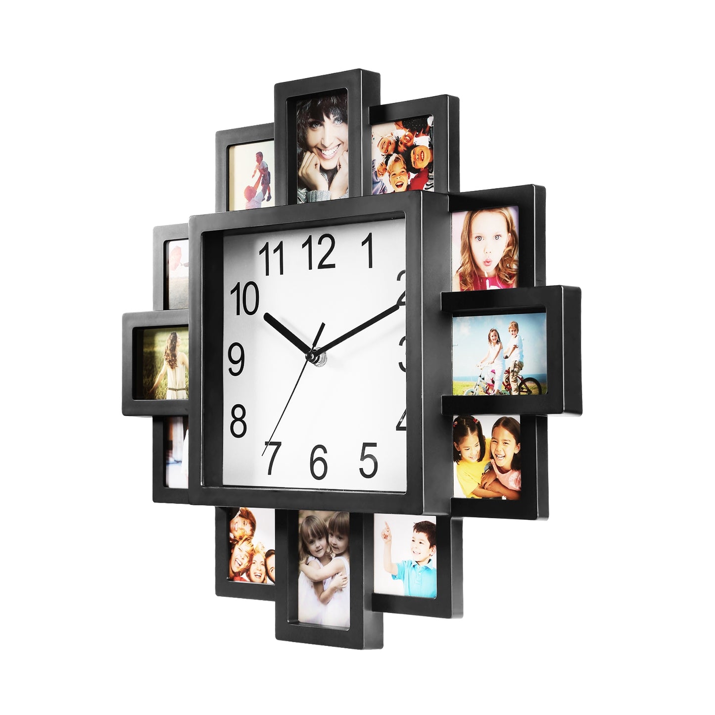 Photo Frame Wall Clock - 12 Picture Collage, Black