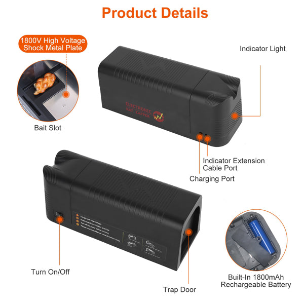 High Voltage Electronic Rat Trap - Rechargeable Indoor & Outdoor Mice Killer