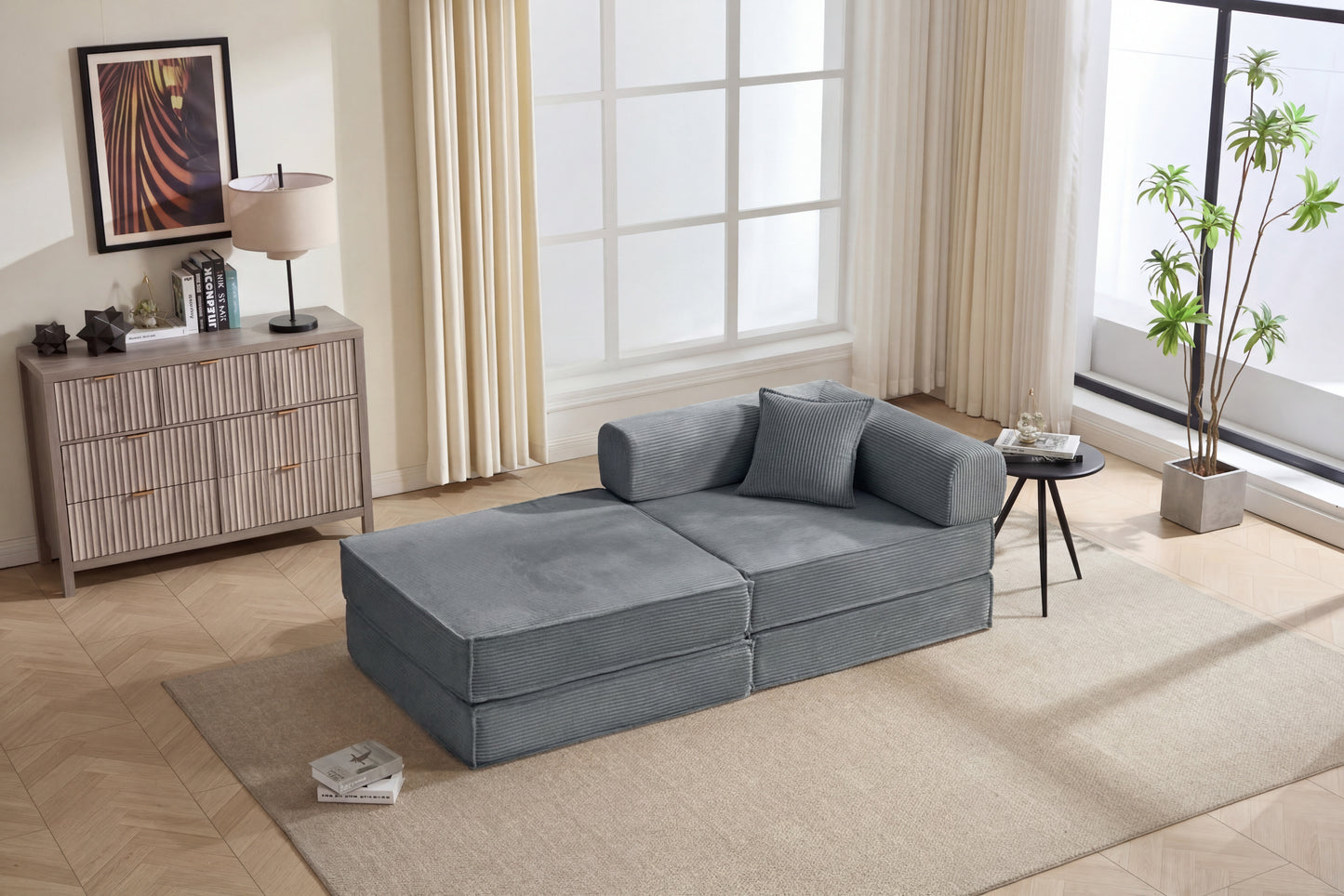 78" Convertible Sofa Bed - Modular Corduroy Couch with 2 Pillows - Grey