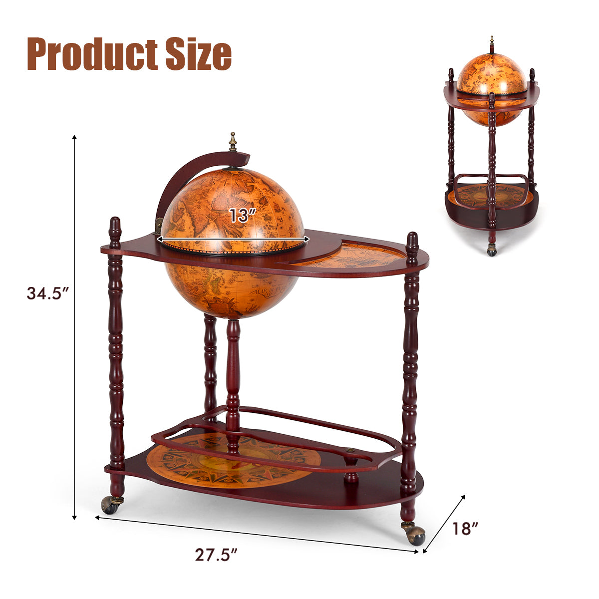 Vintage Globe Rolling Bar Cart with Extra Storage Shelf