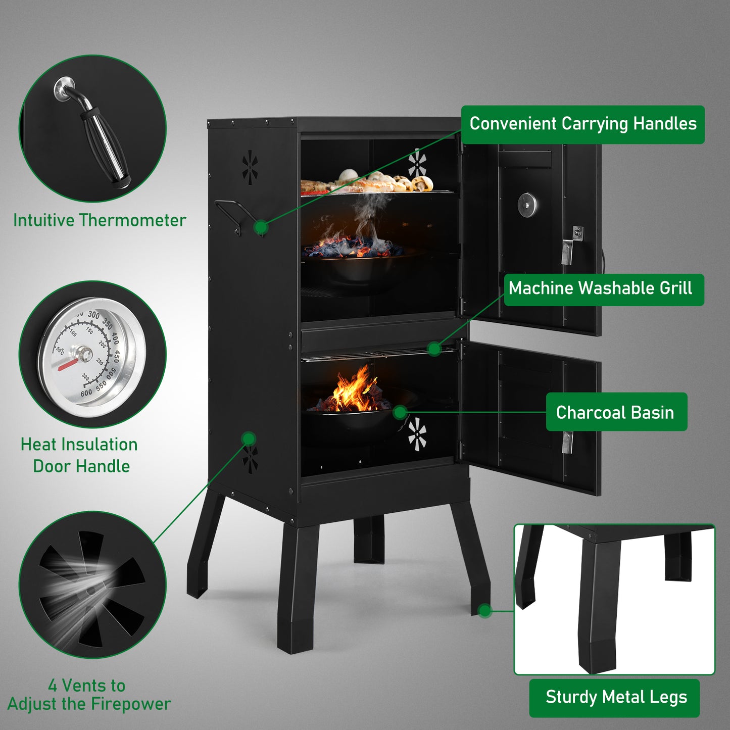 Outdoor Smoker with Double Door Design - Black