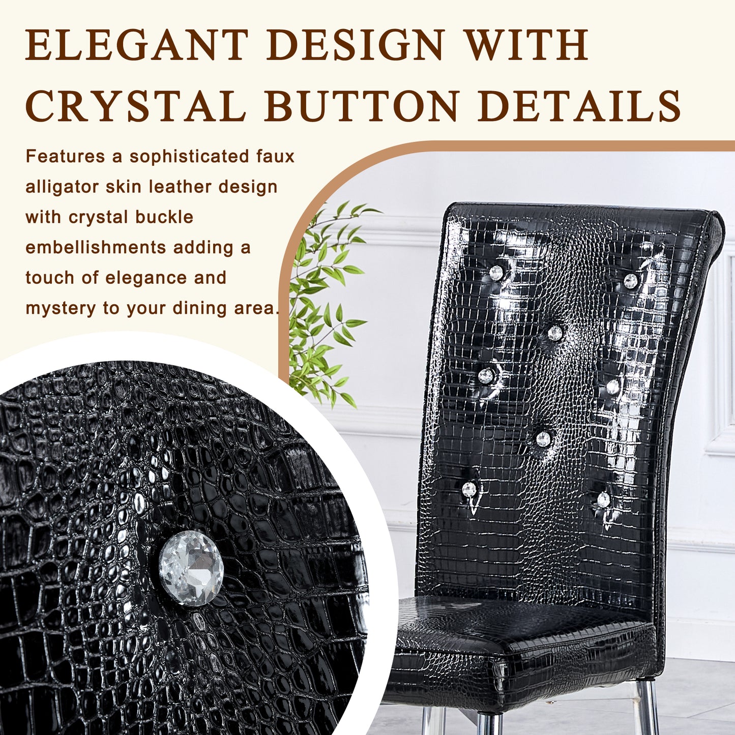 Set of 4 Retro Alligator Skin Dining Chairs with Crystal Buckle - Black