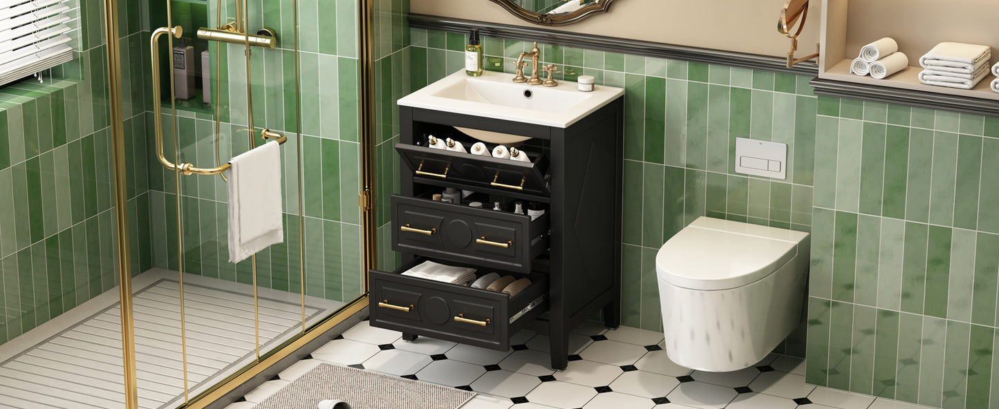 24'' Bathroom Vanity with Ceramic Sink - Black, 3 Drawers