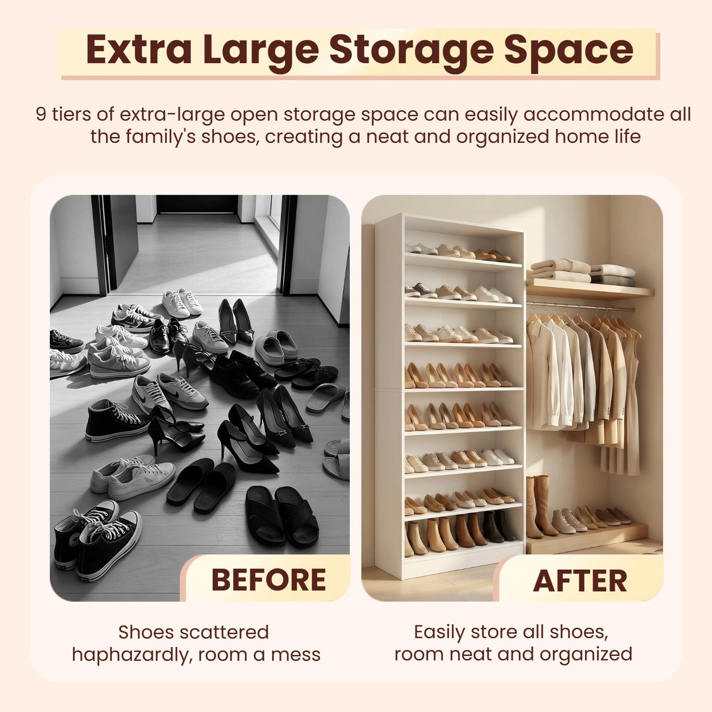 9 Tier Shoe Cabinet, Heavy Duty Wood Storage Freestanding Tall