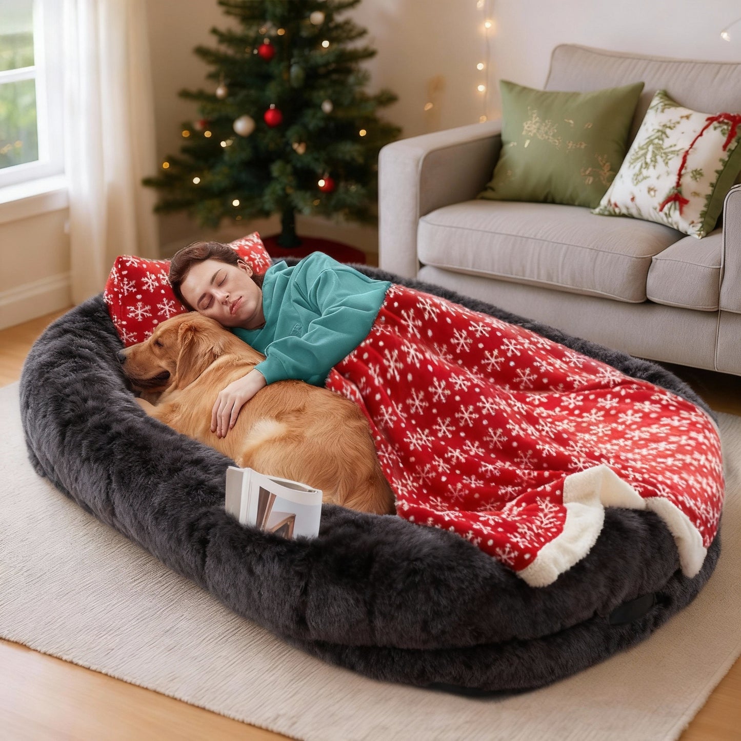 Oversized Human & Pet Dog Bed with Orthopedic Support - 71 x 45 Inch Faux Fur Lounger, Washable Cover, Pillow & Blanket Included