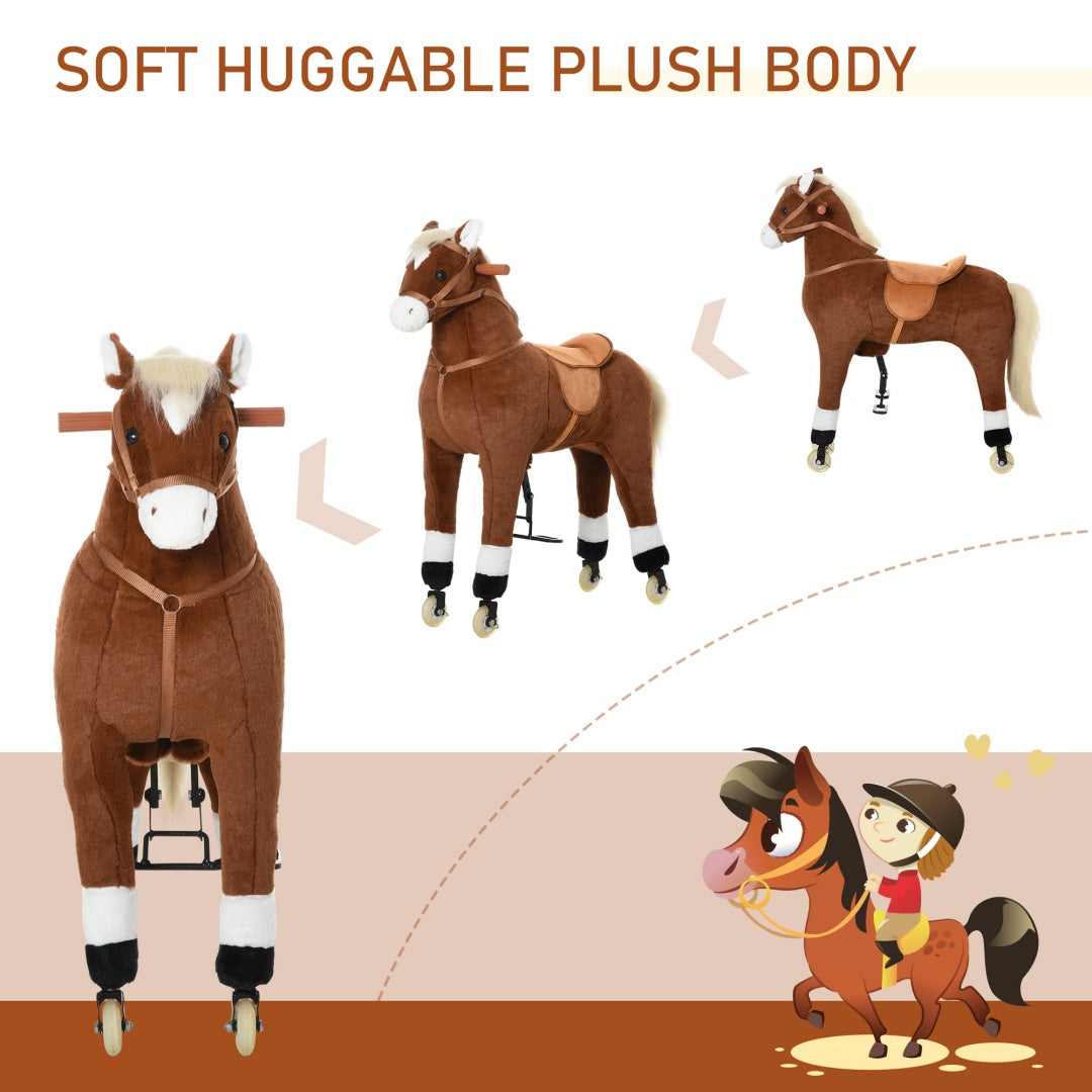 Kids Ride-On Walking Horse with Soft Plush Body - Brown
