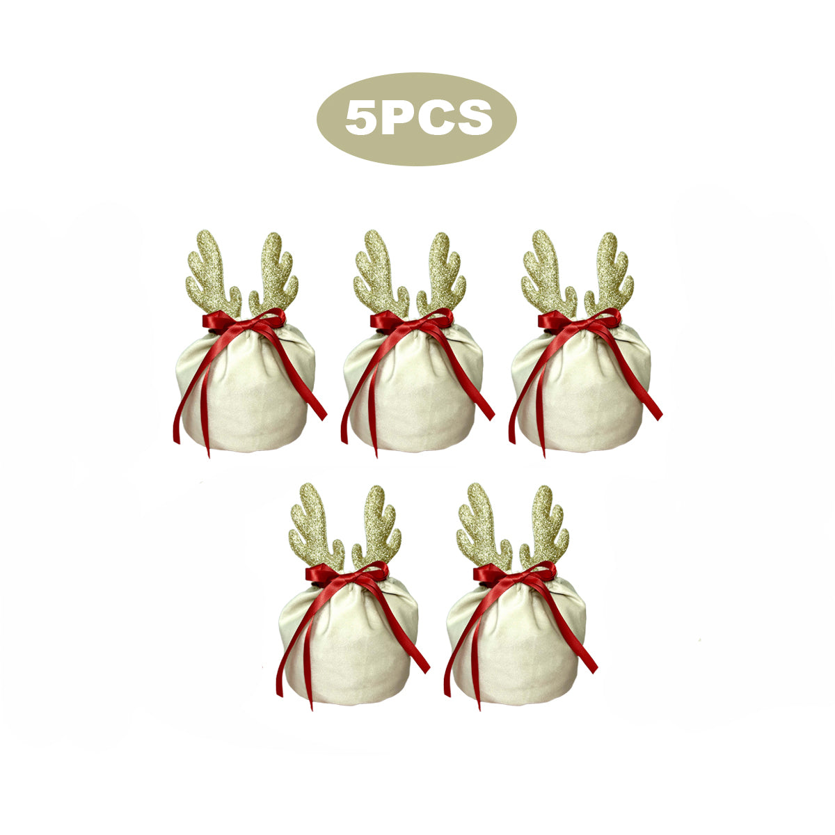 5-Piece Christmas Antler Gift Bag Set - Khaki & White
