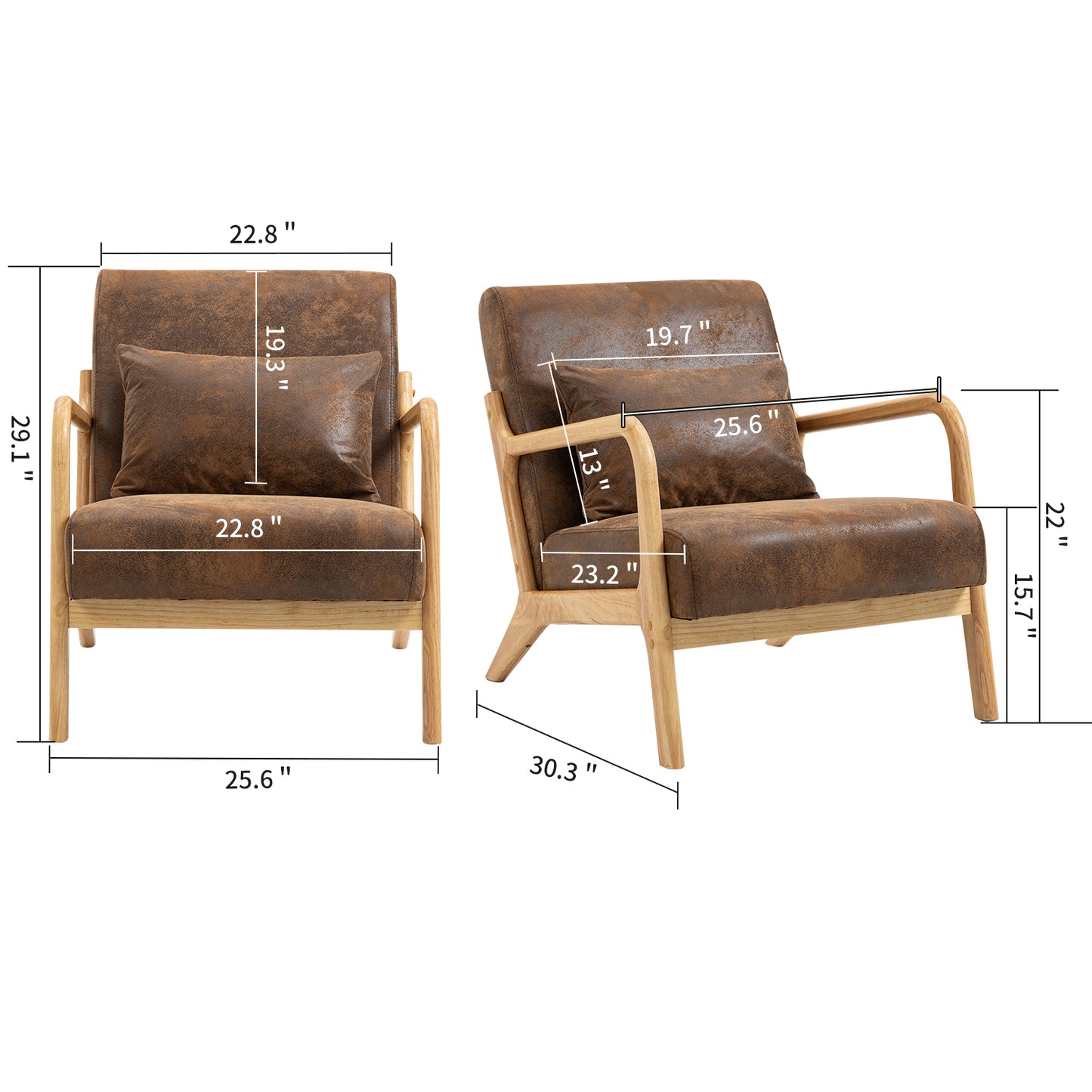 Mid Century Modern Accent Chair - Upholstered Wood Frame, Antique Brown