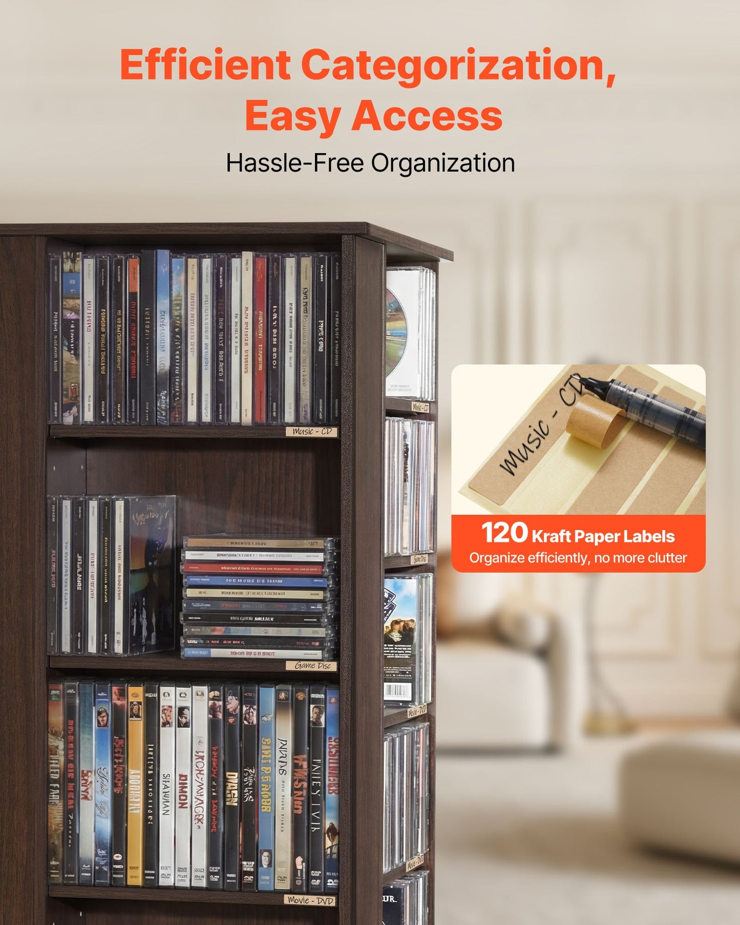 Rotating Media Storage Cabinet for CDs, DVDs, Books & Games - 34 Compartments, Adjustable Shelves, Black