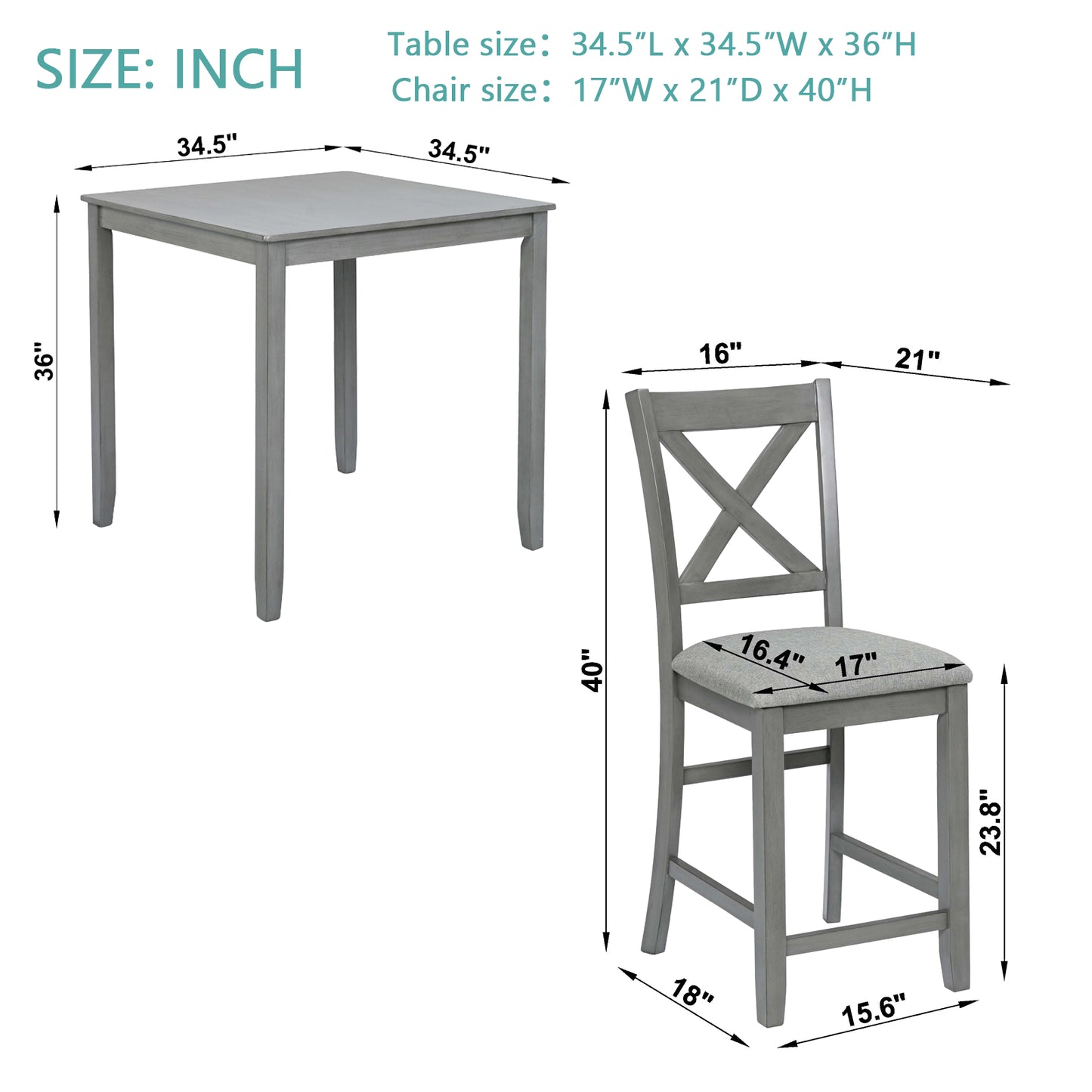 5-Piece Counter Height Dining Table Set with 4 Upholstered Chairs - Gray