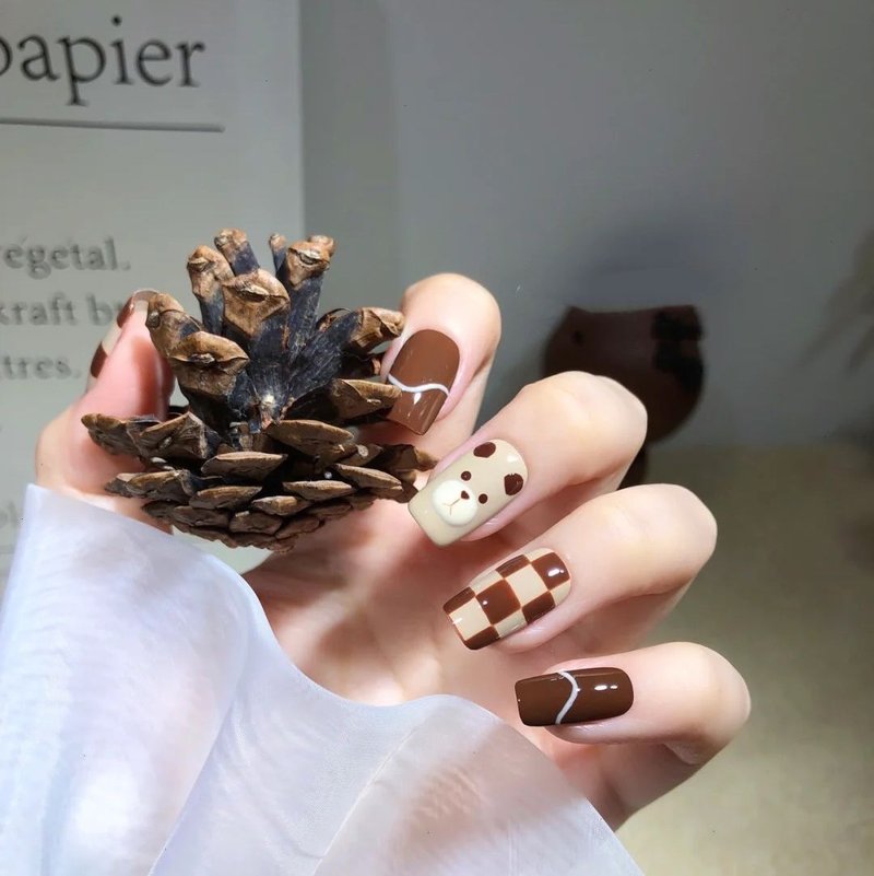Handmade Nail Stickers Checkerboard Coffee Bear
