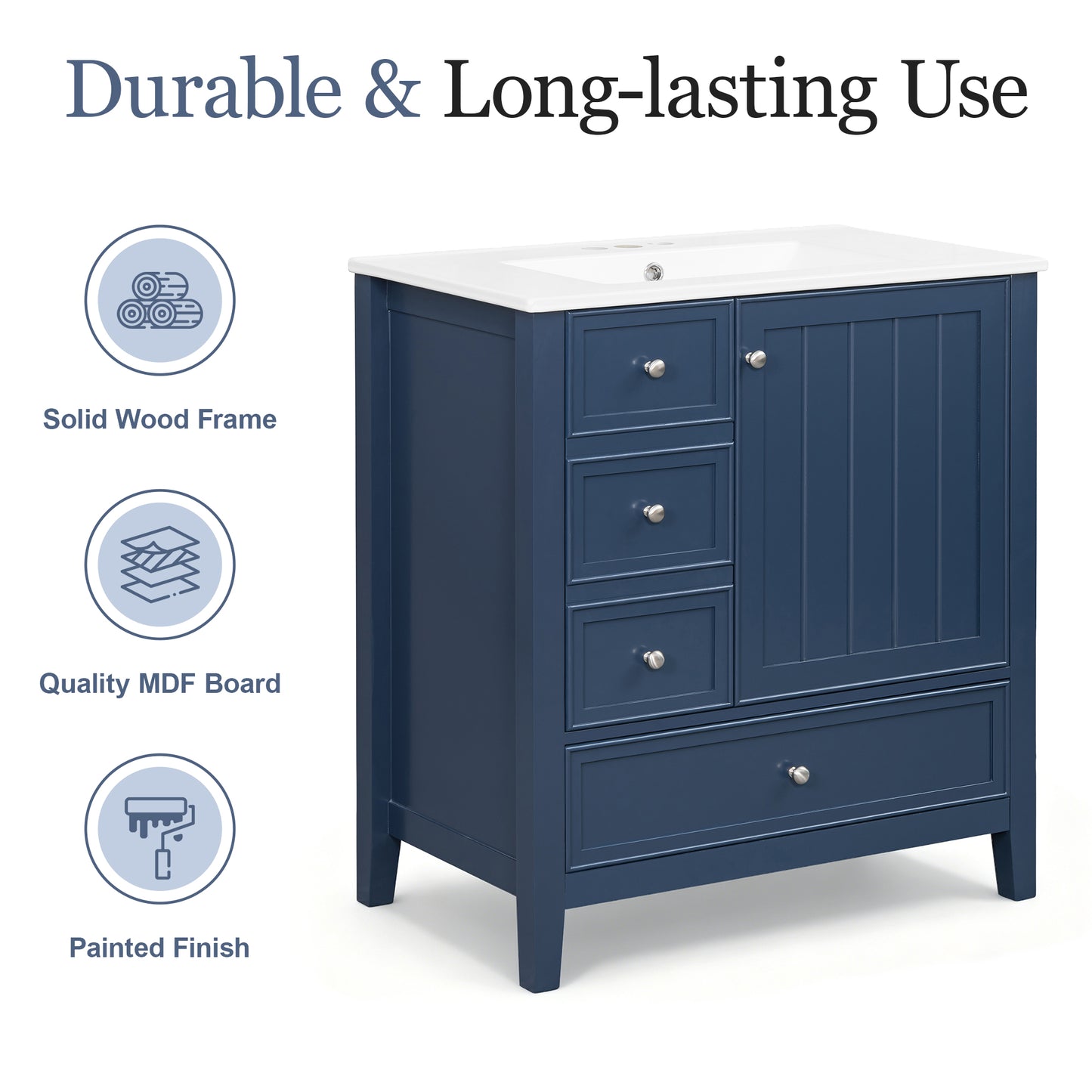 30" Bathroom Vanity with Sink, One Cabinet & Three Drawers - Blue