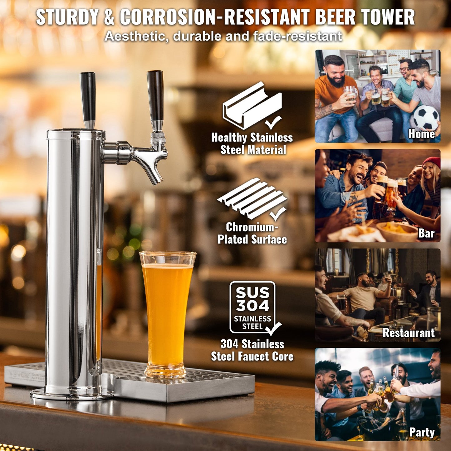 Stainless Steel Dual Tap Draft Beer Tower Dispenser Kit