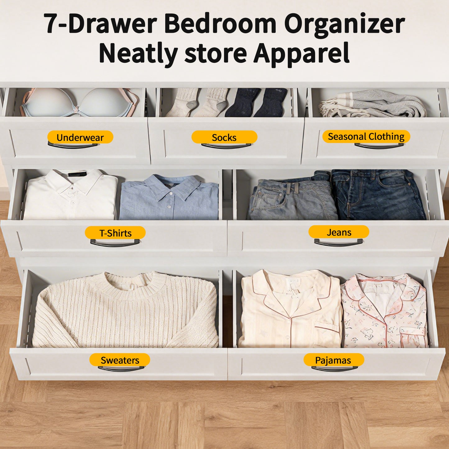7-Drawer Dresser, Wide Low-Profile Storage Cabinet, White Metal Chest
