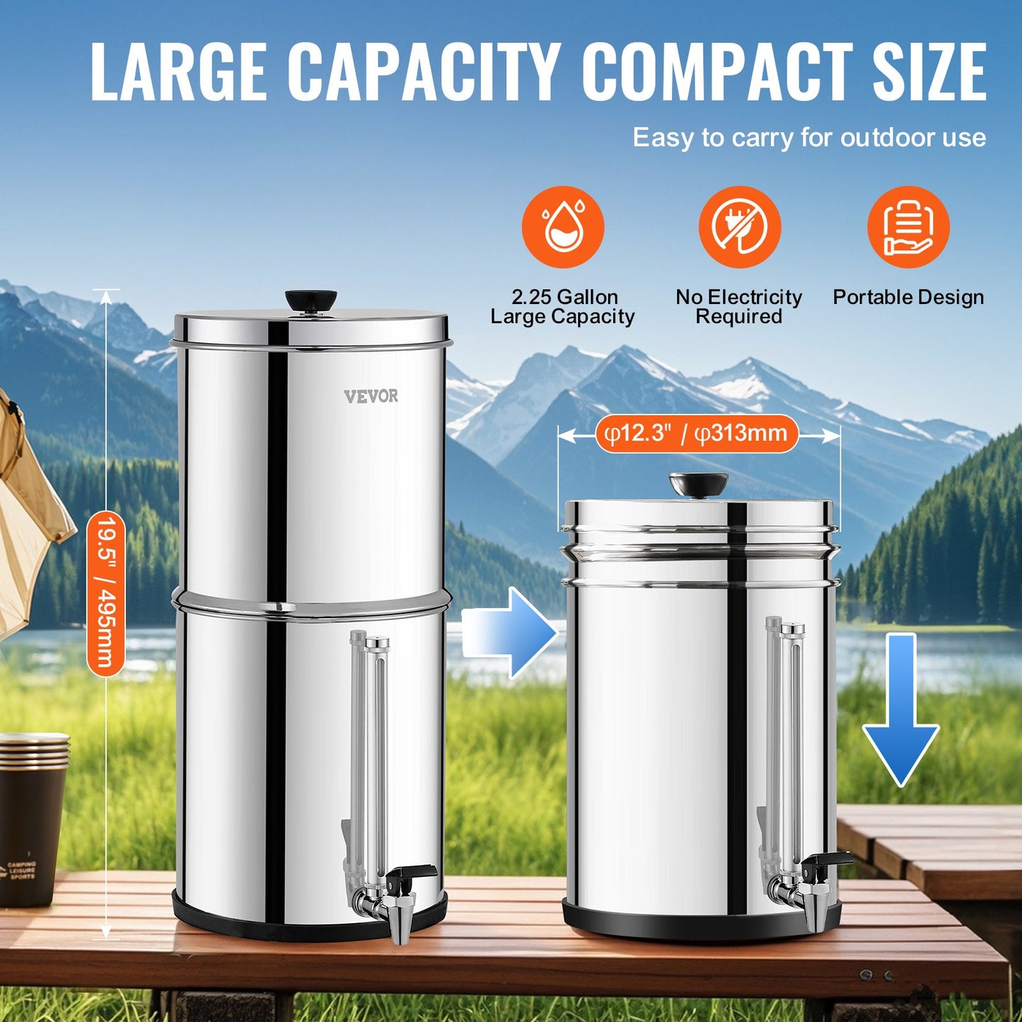 Gravity-Fed Water Filter System - Stainless Steel 2 Filters