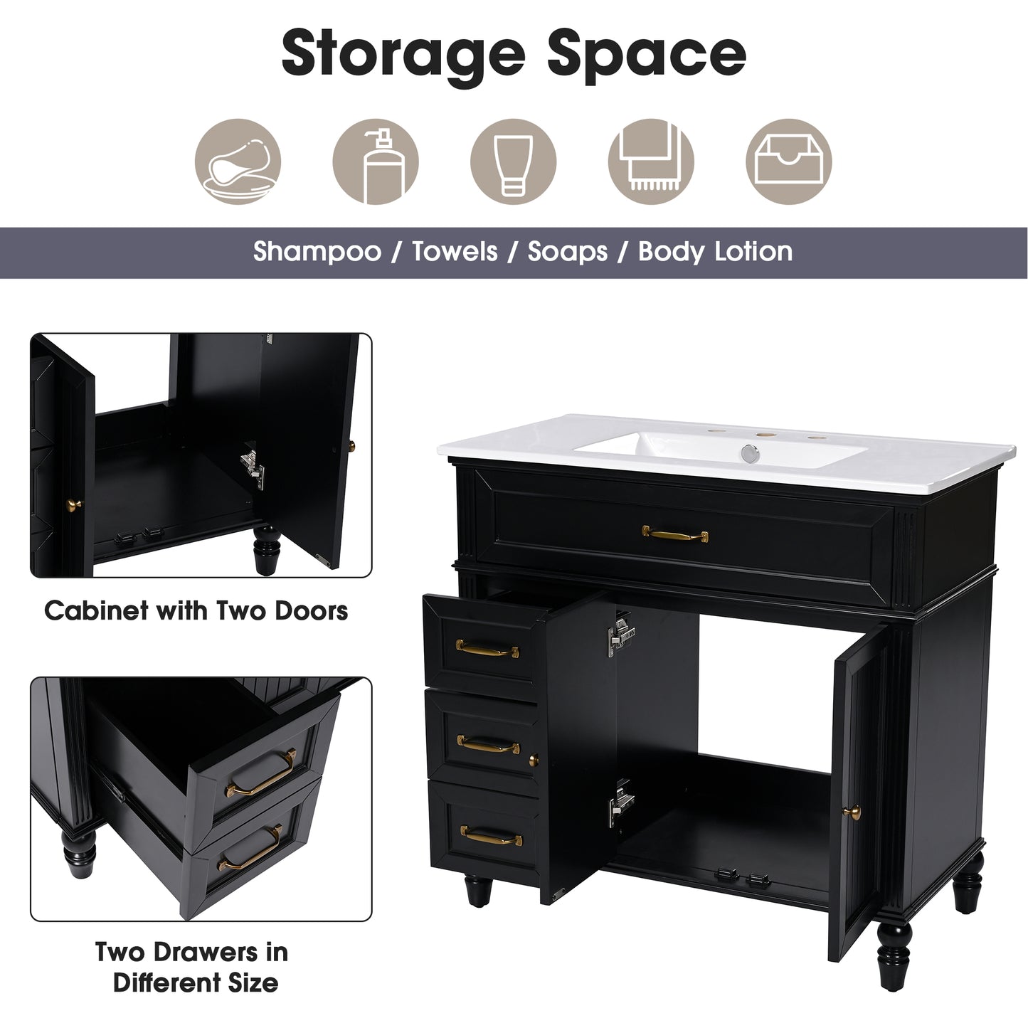 36-Inch Bathroom Vanity with Sink & Drawers - Black
