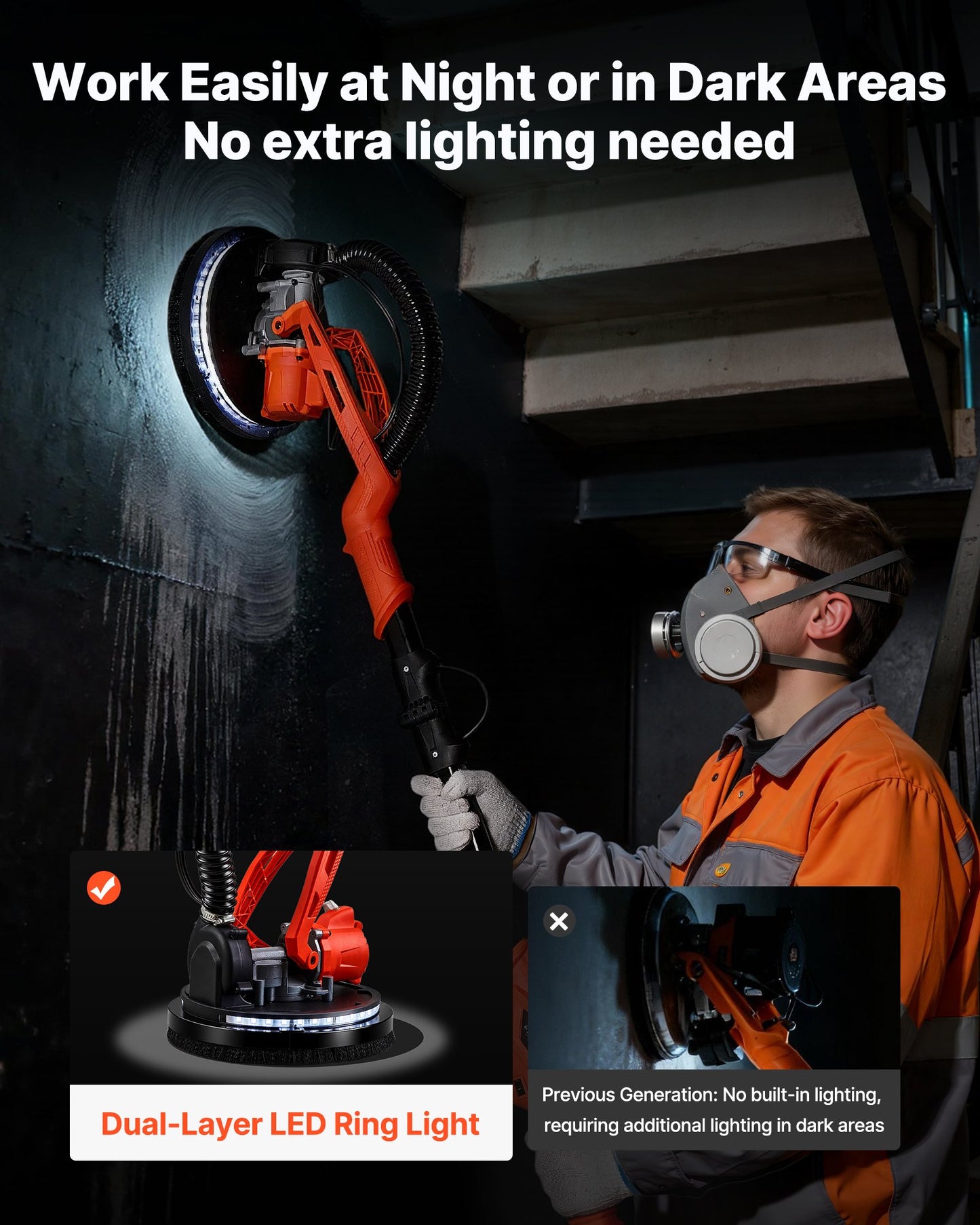 Cordless Drywall Sander 450W with Dust Collection, Variable Speed, LED Light, Black