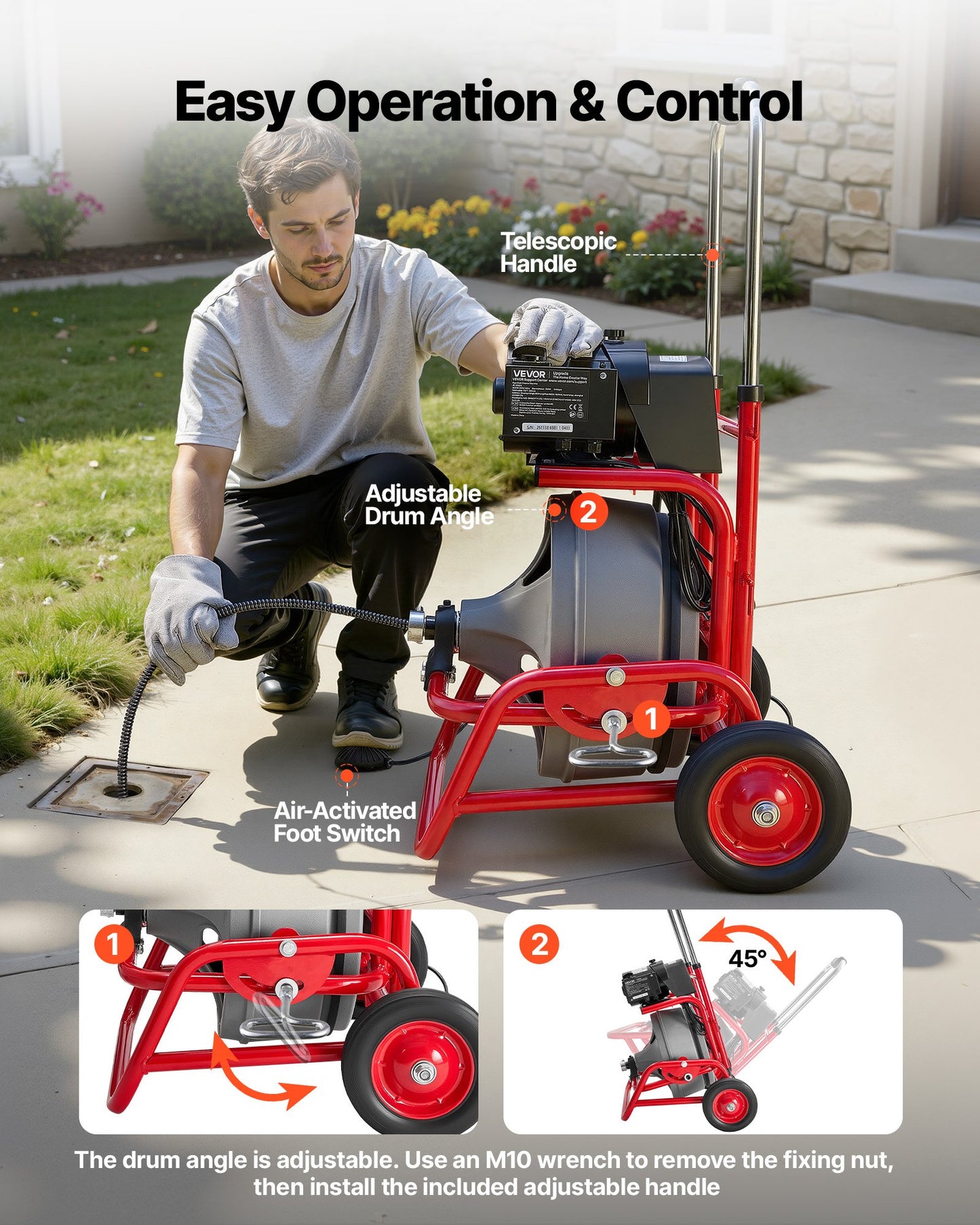 75 FT Drain Cleaning Machine with Steel Cable & 6 Cutters for 2-4 Inch Pipes