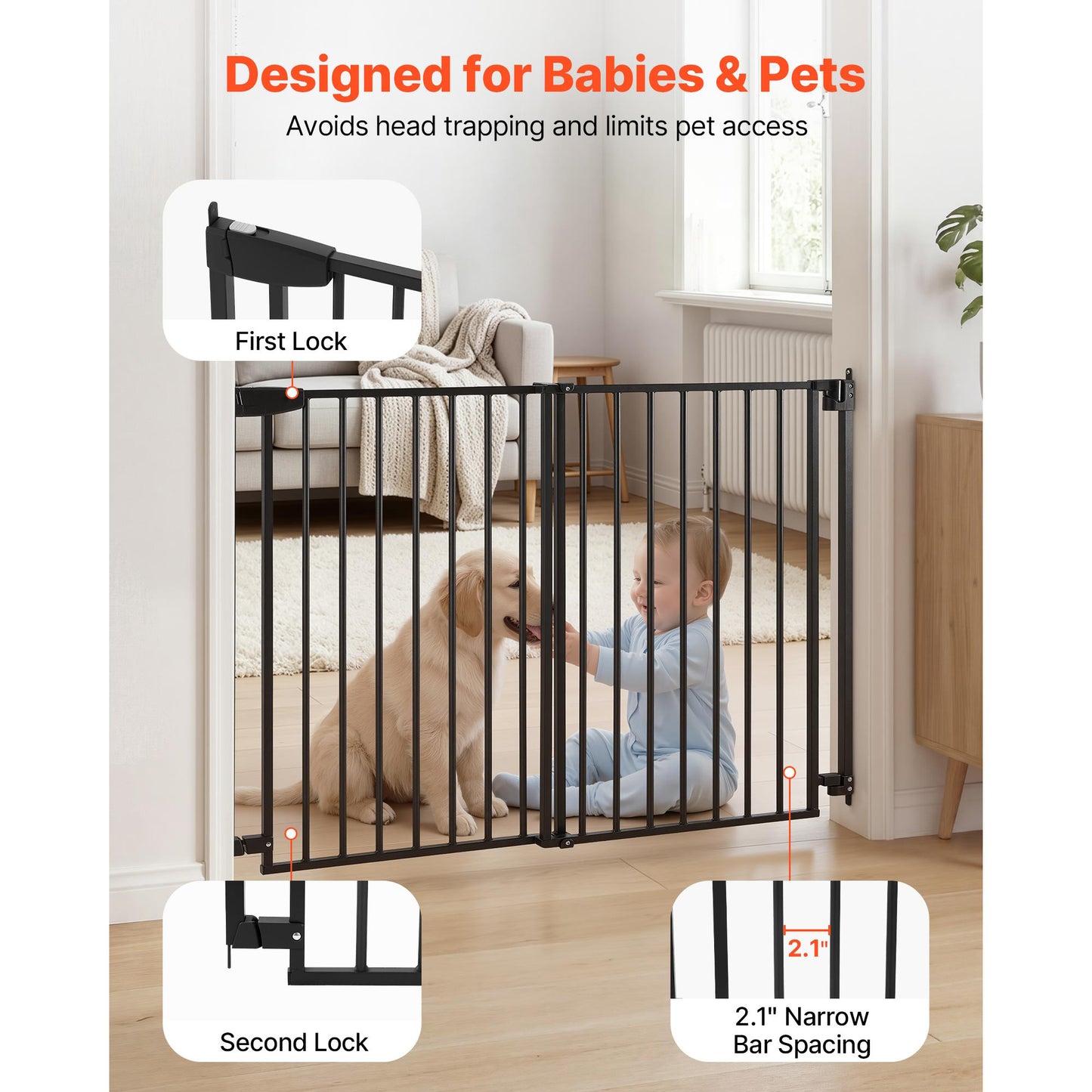 Baby Gate for Stairs & Doorways, Adjustable 31-48 In, No Bottom Bar, One-Hand Operation