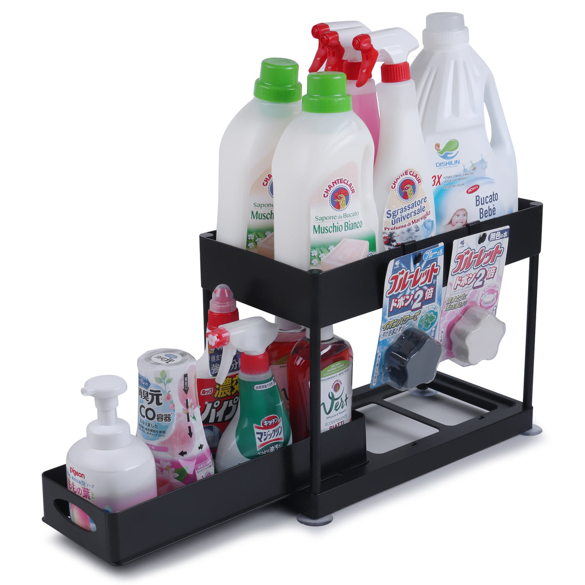 Double-Layer Pull-Out Kitchen Sink Organizer Rack - Black Plastic Storage Shelf