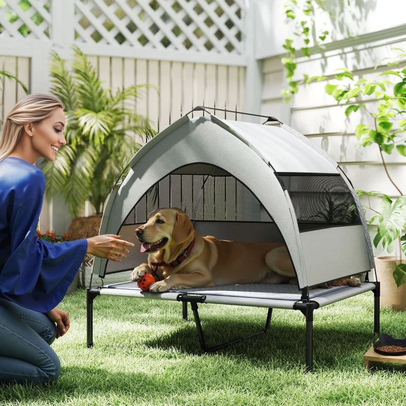 Outdoor Elevated Dog Bed with Canopy and Cooling Pad - Portable Waterproof Pet Cot