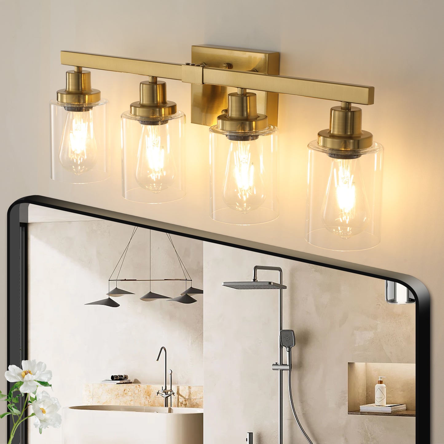 4-Light Golden Vanity Wall Light with Clear Glass Shades