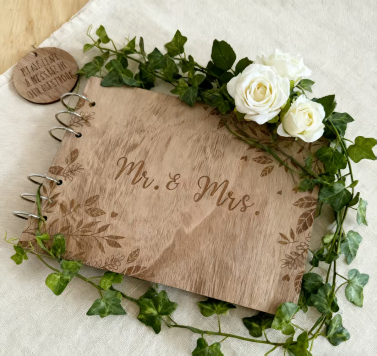 Wooden Wedding Guest Book with Engraved Mr. & Mrs., Customizable Rustic Photo Album for Bridal Shower & Reception