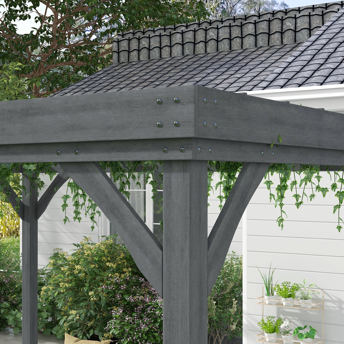 10x12 Gray Outdoor Wooden Pergola with Concrete Anchors