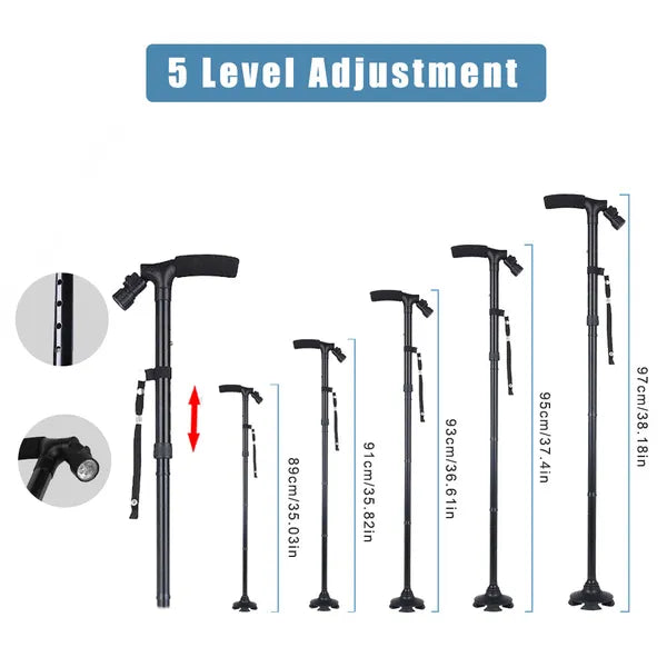 LED Folding Walking Cane with Pivoting Base - Adjustable Height