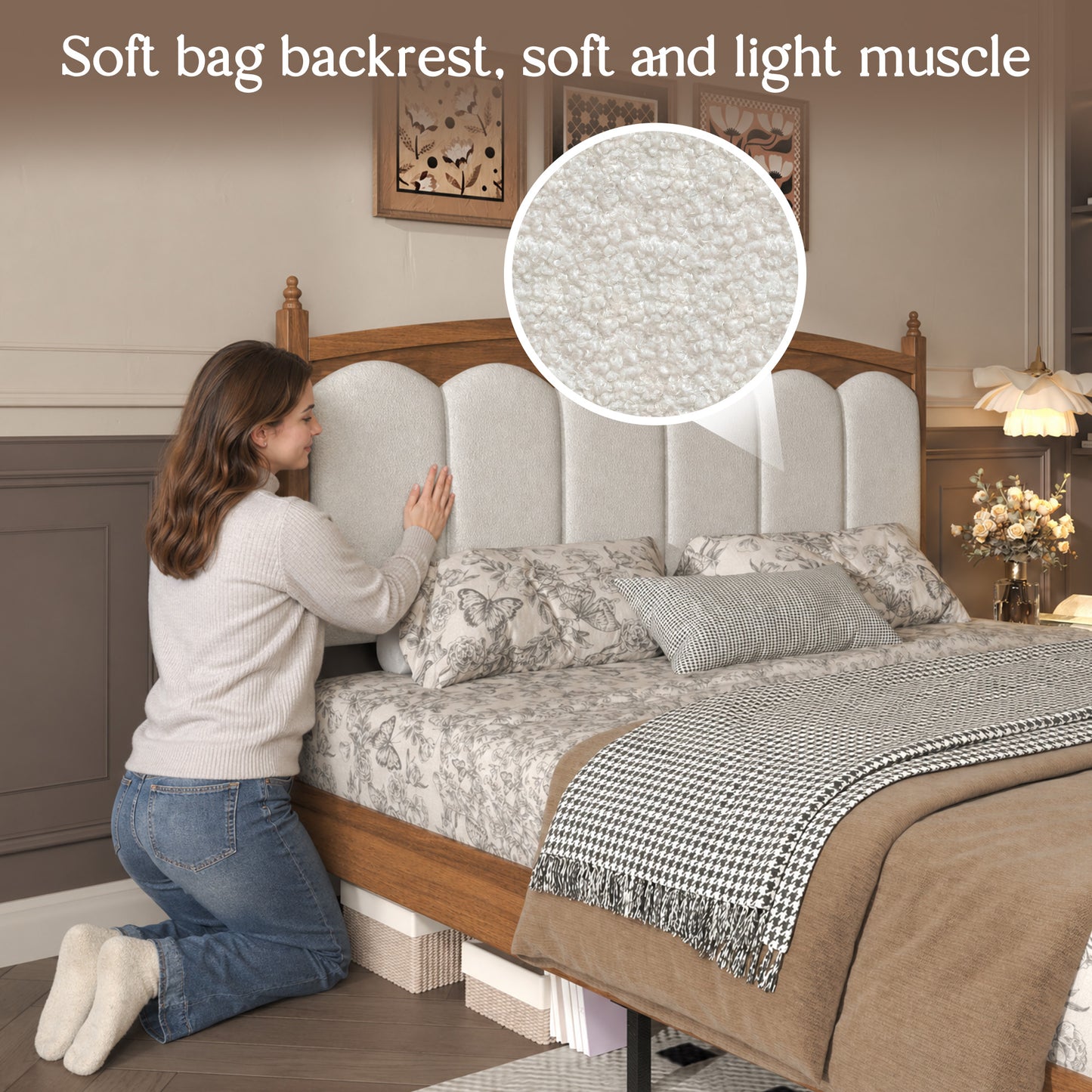 King Size Platform Bed Frame with Upholstered Headboard - Brown