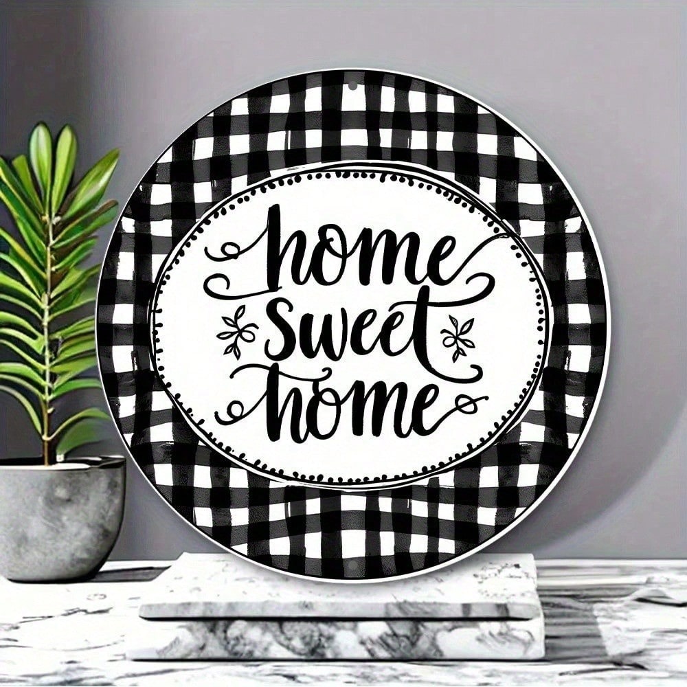 Checkered Round Metal Sign - Home Sweet Home Wreath, 8in