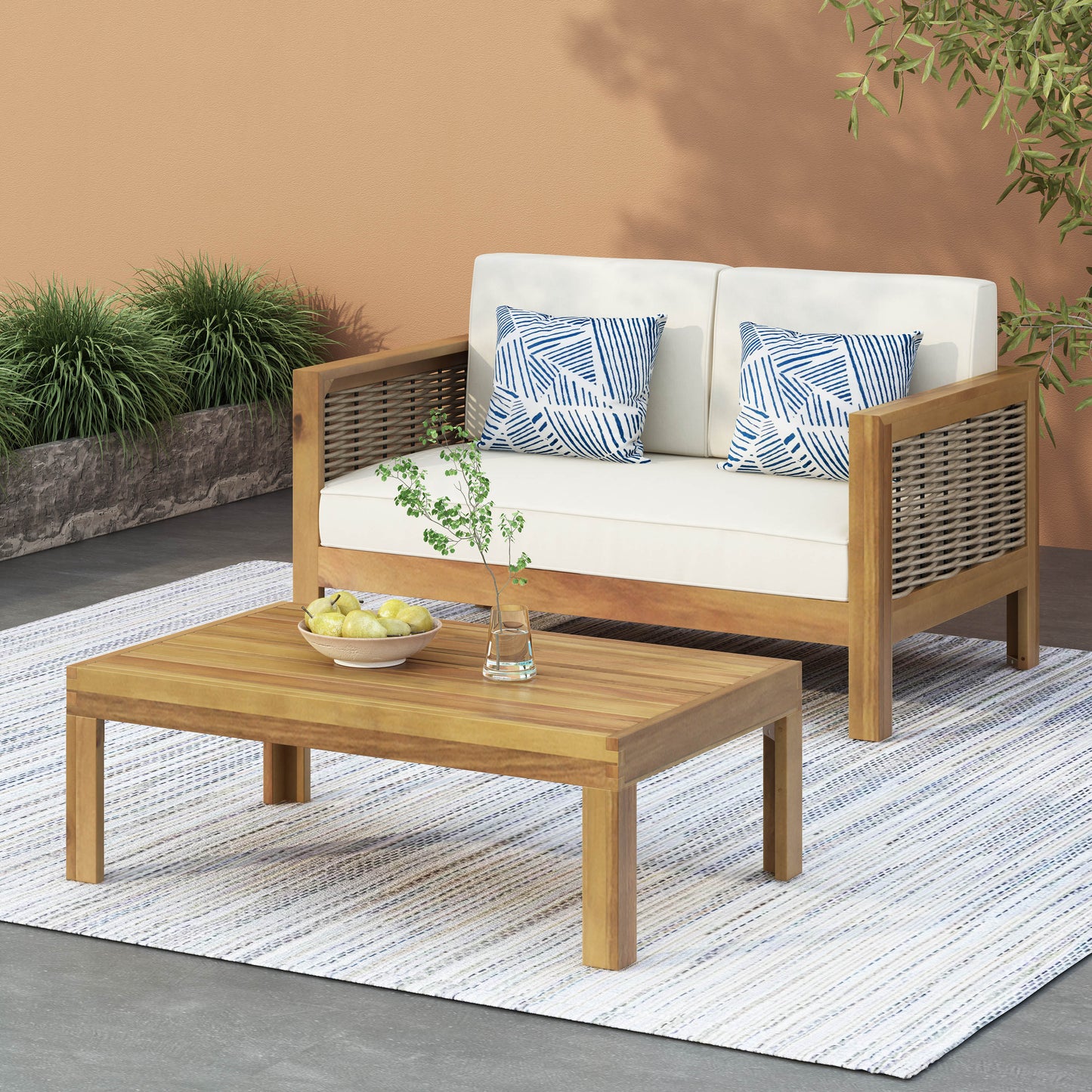 Outdoor Acacia Wood And Wicker Loveseat Coffee Table Set With