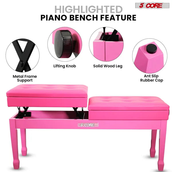 Heavy Duty Adjustable Piano Bench - Pink Padded Stool with Storage