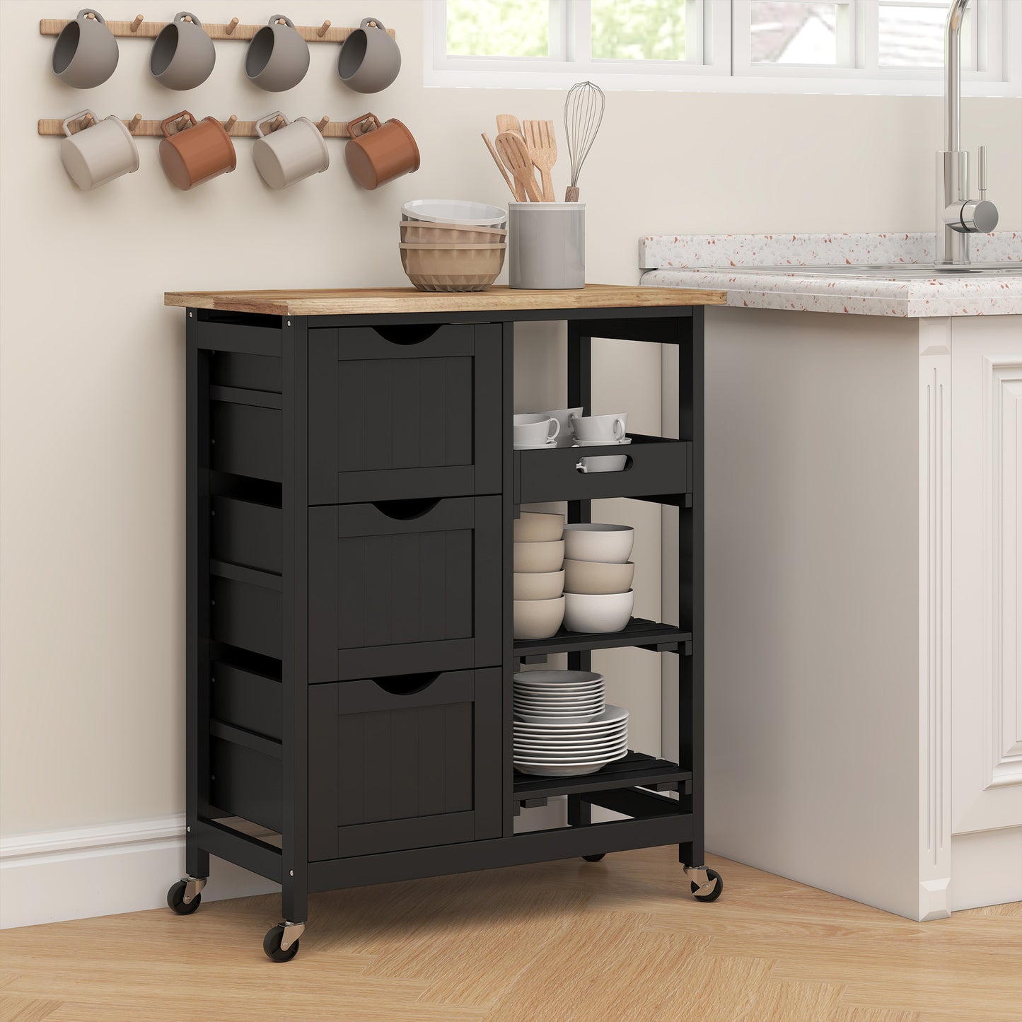 Rolling Kitchen Cart with Wood Top and Storage Shelves - Black