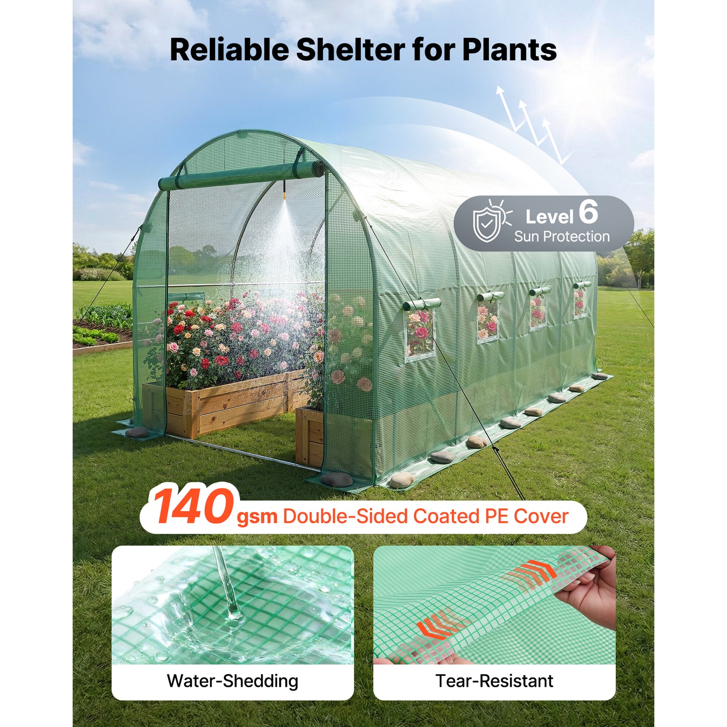 Walk-In Tunnel Greenhouse 15x7x7 ft Steel Frame PE Cover Watering System Roll-Up Door