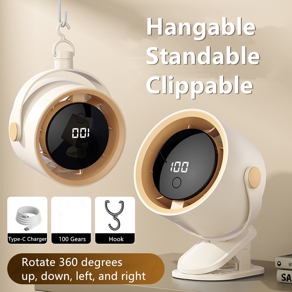 Rechargeable 4-in-1 Clip Desk Fan with LED Display, 360° Adjustable, USB