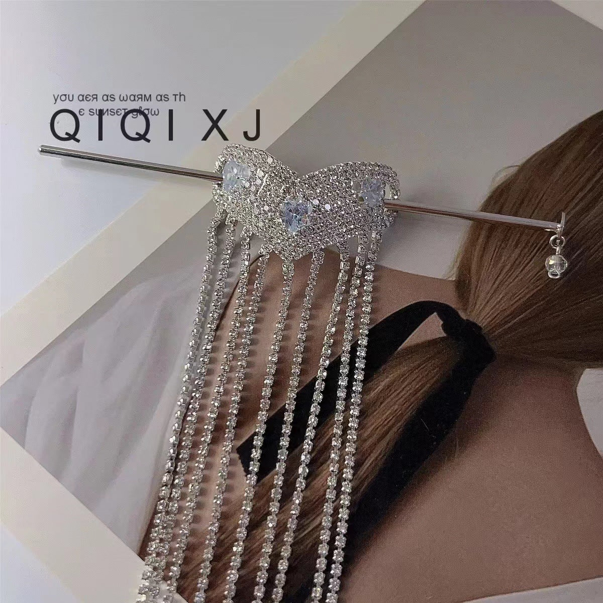 Heart-Shaped Rhinestone Hairpin with Chain Tassel - Silver