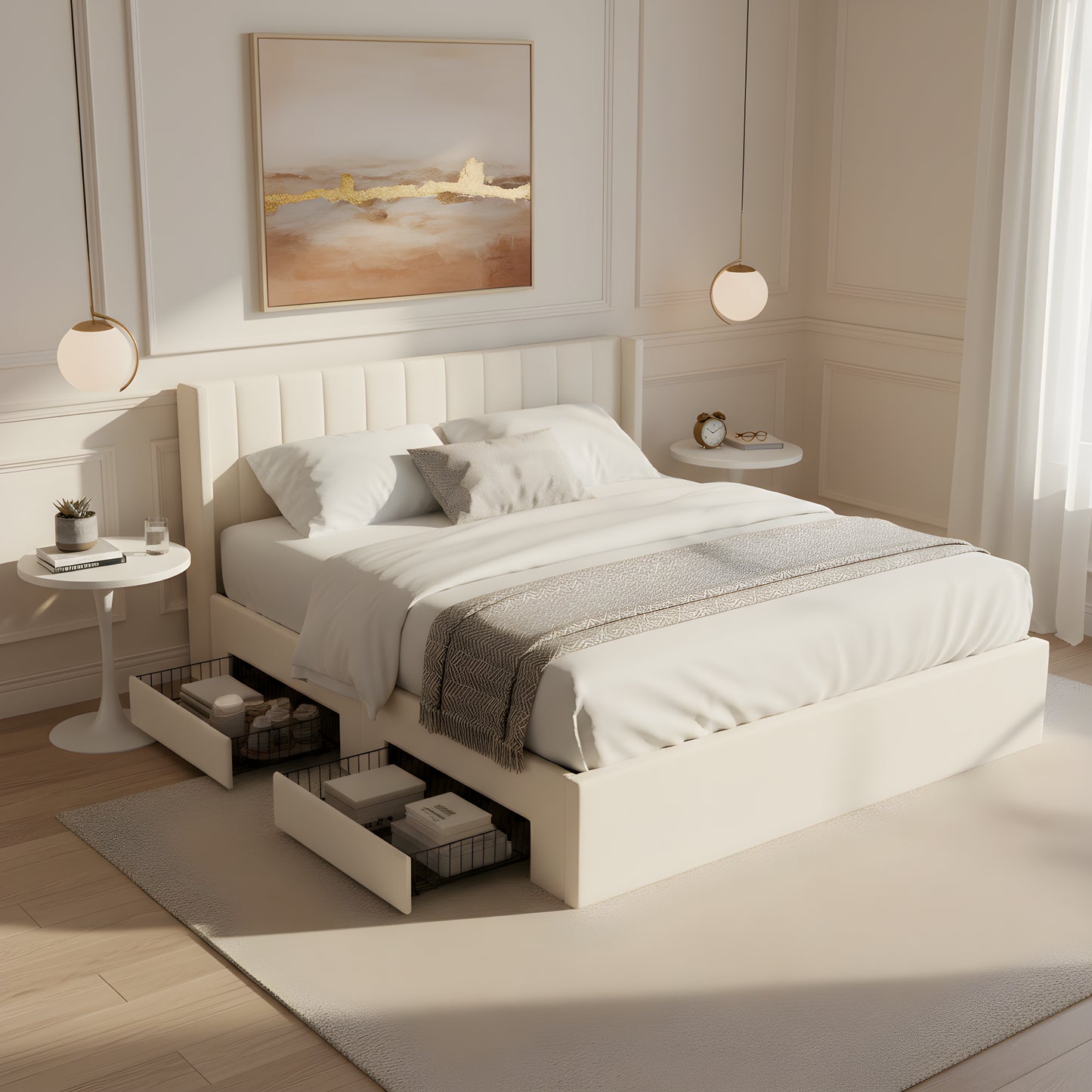 Upholstered Storage Bed with Drawers - King Size, Beige