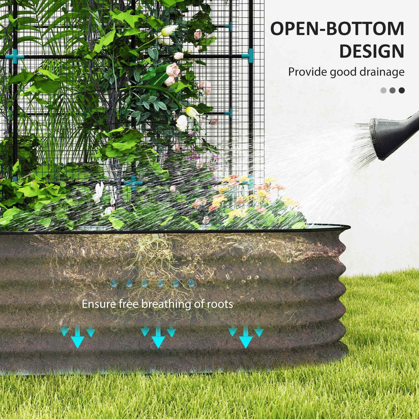 Raised Garden Beds Set with Arch Trellis Climbing Net Galvanized Steel Green