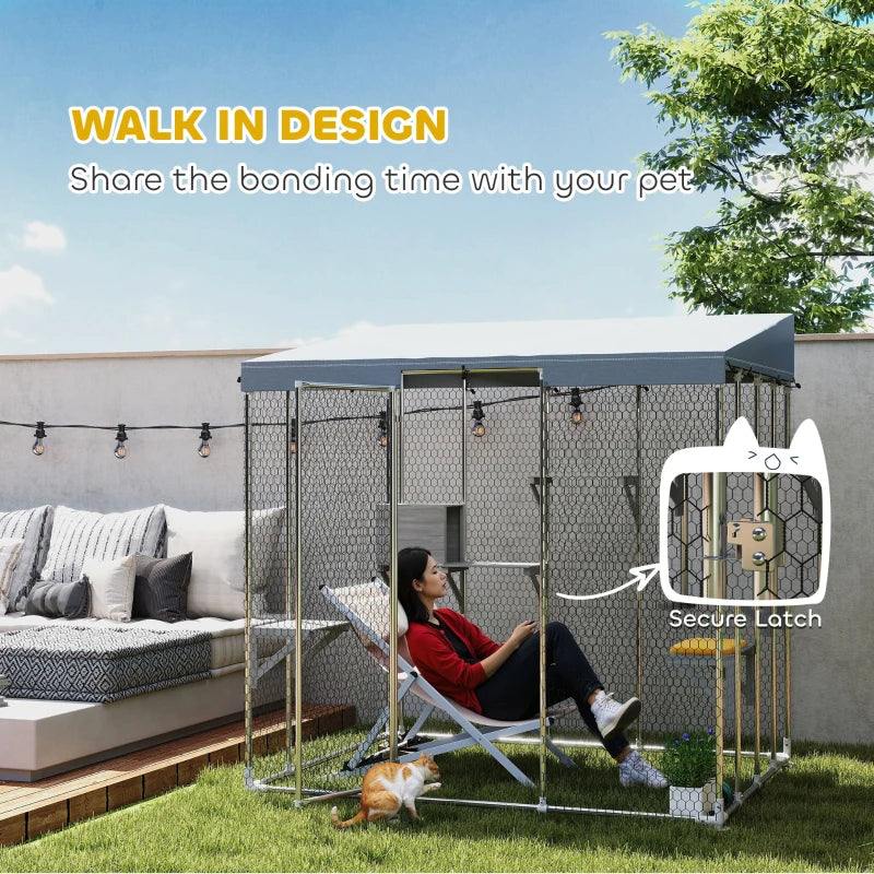 Large Galvanized Steel Catio with Waterproof Canopy & Platforms, Silver